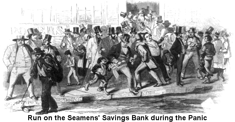 Run on the Seamen's Savings Bank during the Panic of 1857; black and white woodcut showing 'a crowd gesturing and shoving. A ragpicker picks up now-worthless stock certificates, and a pickpocket operates unnoticed.'